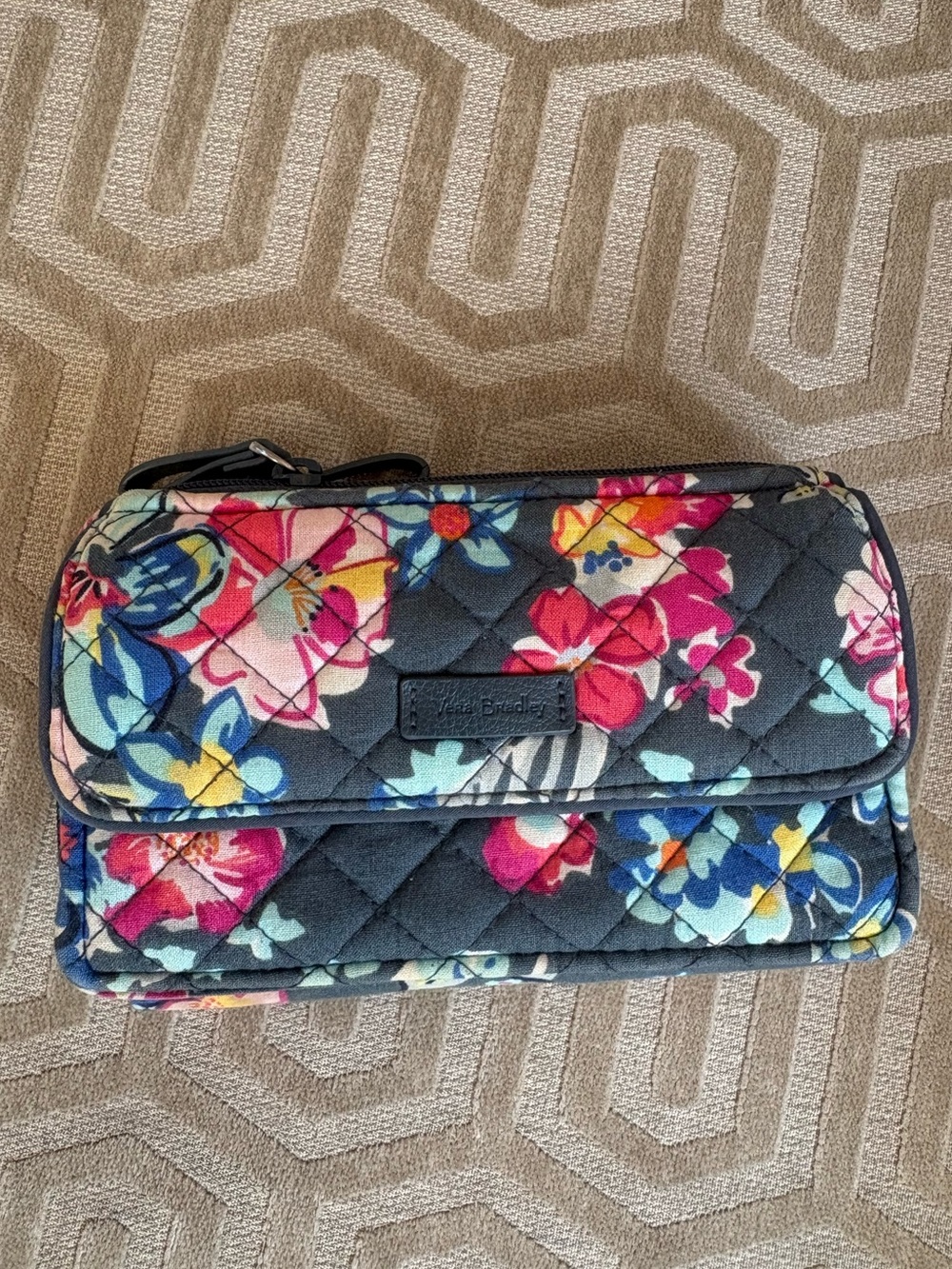 Vera Bradley Quilted Floral Clutch Wallet - Black with Pink, Blue, Yellow
